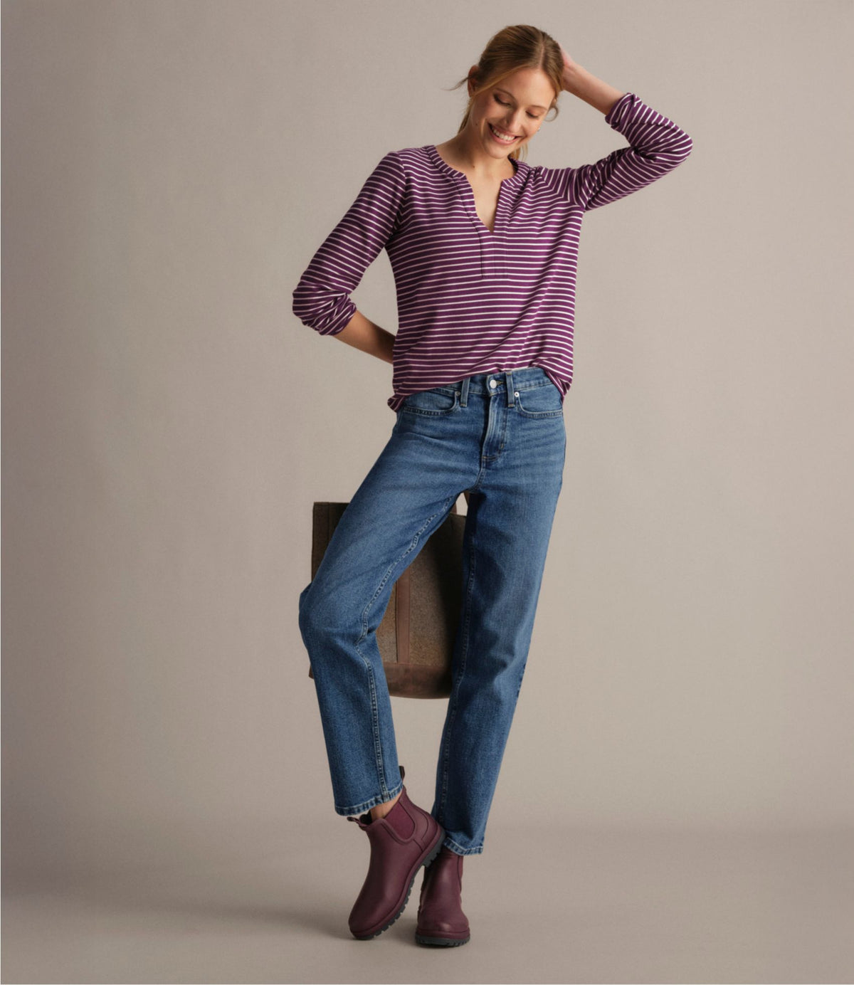L.L.Bean Women's L.L.Bean Tee, Long-Sleeve Splitneck Stripe Cream/Deepest Brown