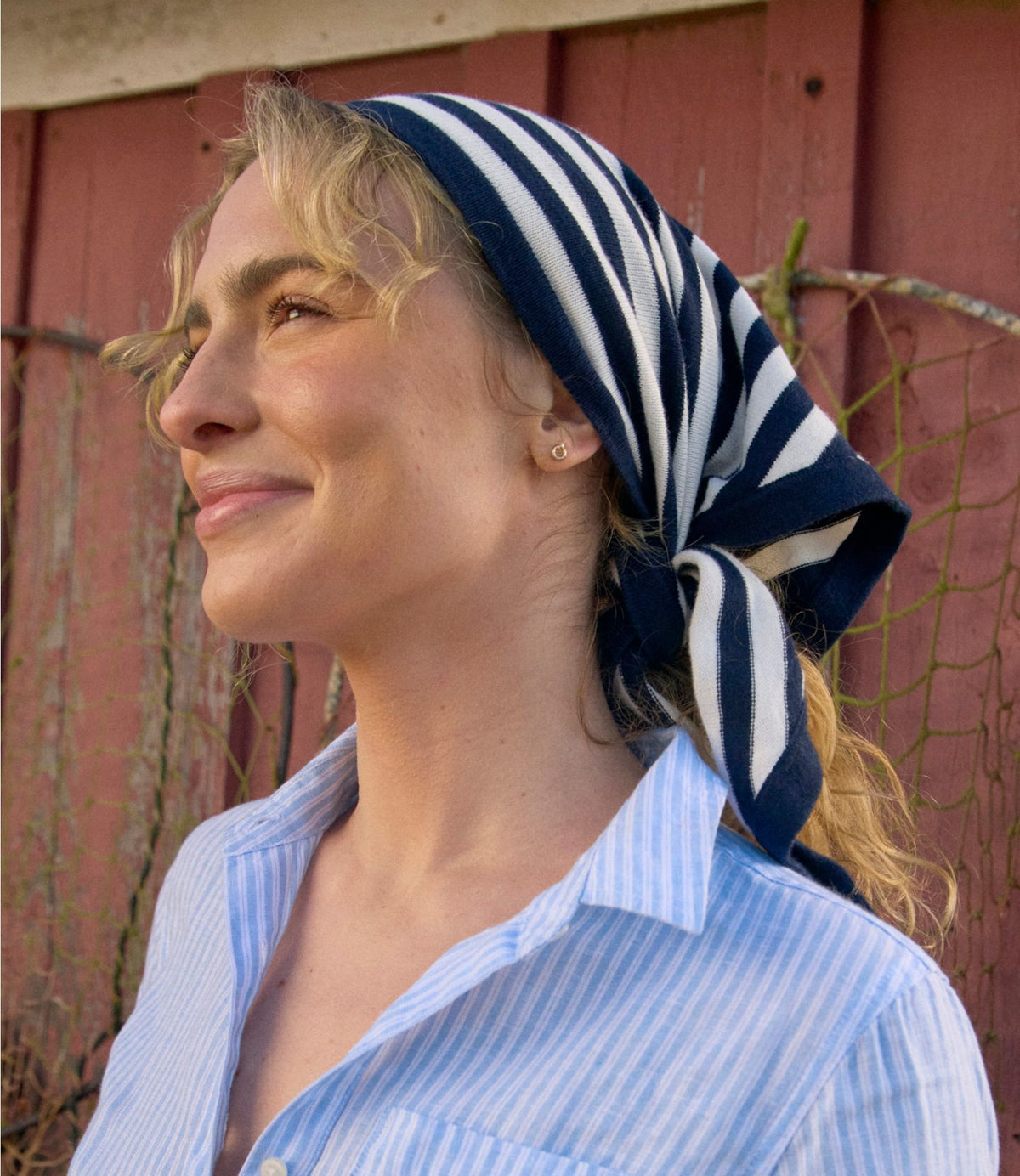 L.L.Bean Women's Cotton/Cashmere Knit Triangle Scarf, Striped Classic Navy/Sea Salt Stripe