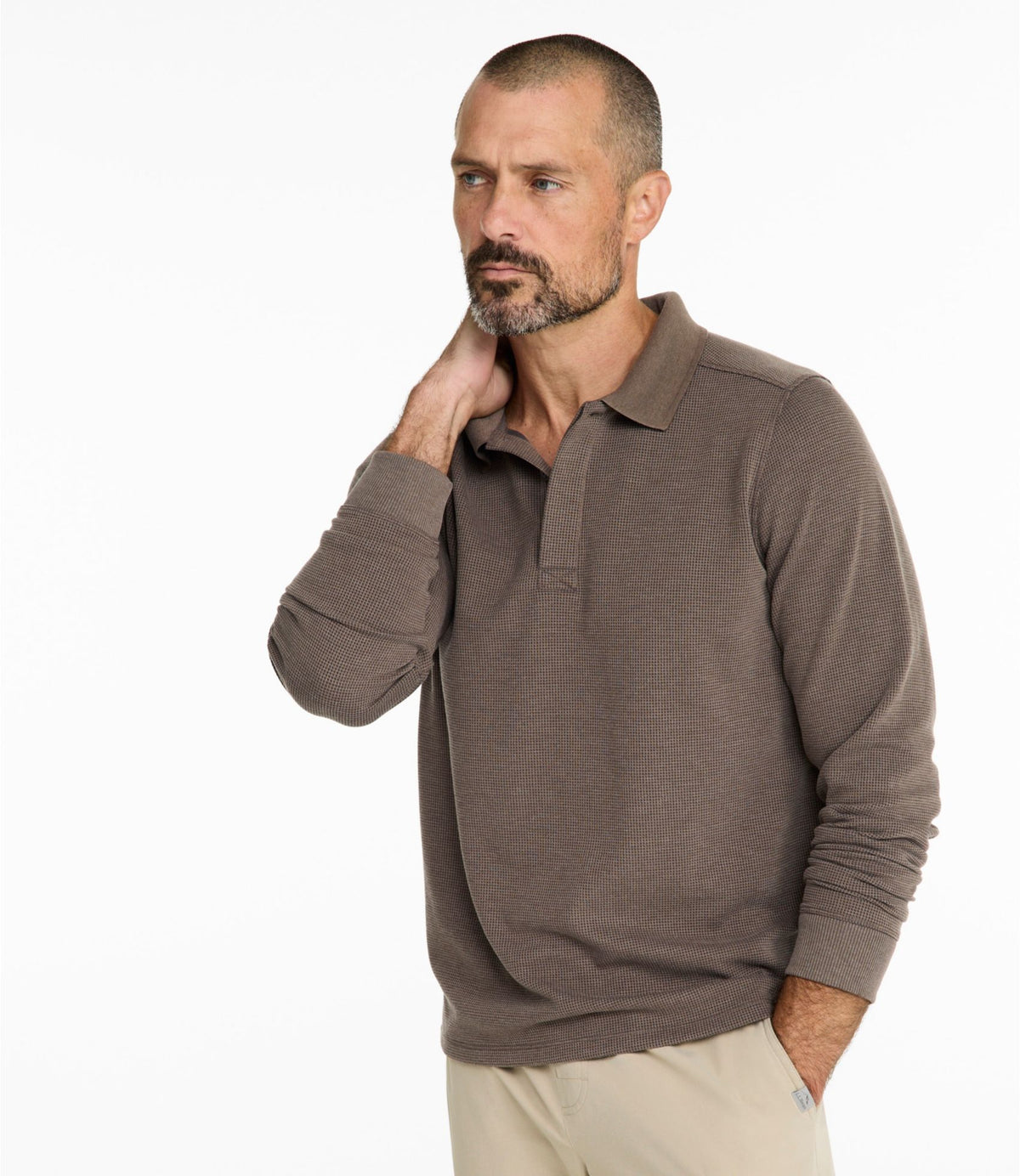 L.L.Bean Men's Mountainside Micro Waffle Polo, Long-Sleeve Carbon Navy