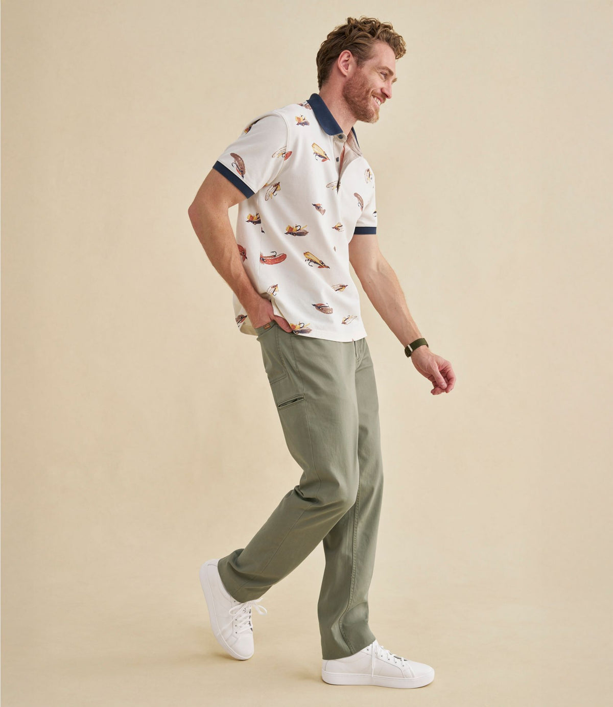 L.L.Bean Men's Casco Bay Rugged Polo, Short-Sleeve, Print Bone Tied Flies