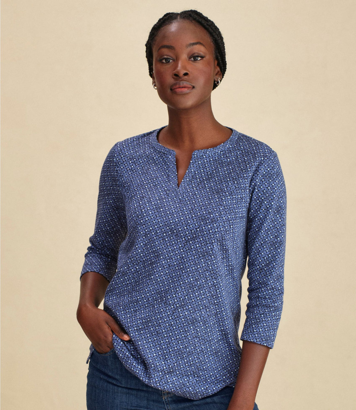 L.L.Bean Women's L.L.Bean Tee, Three-Quarter-Sleeve Splitneck Tunic Print Deep Lake Diamond Dot