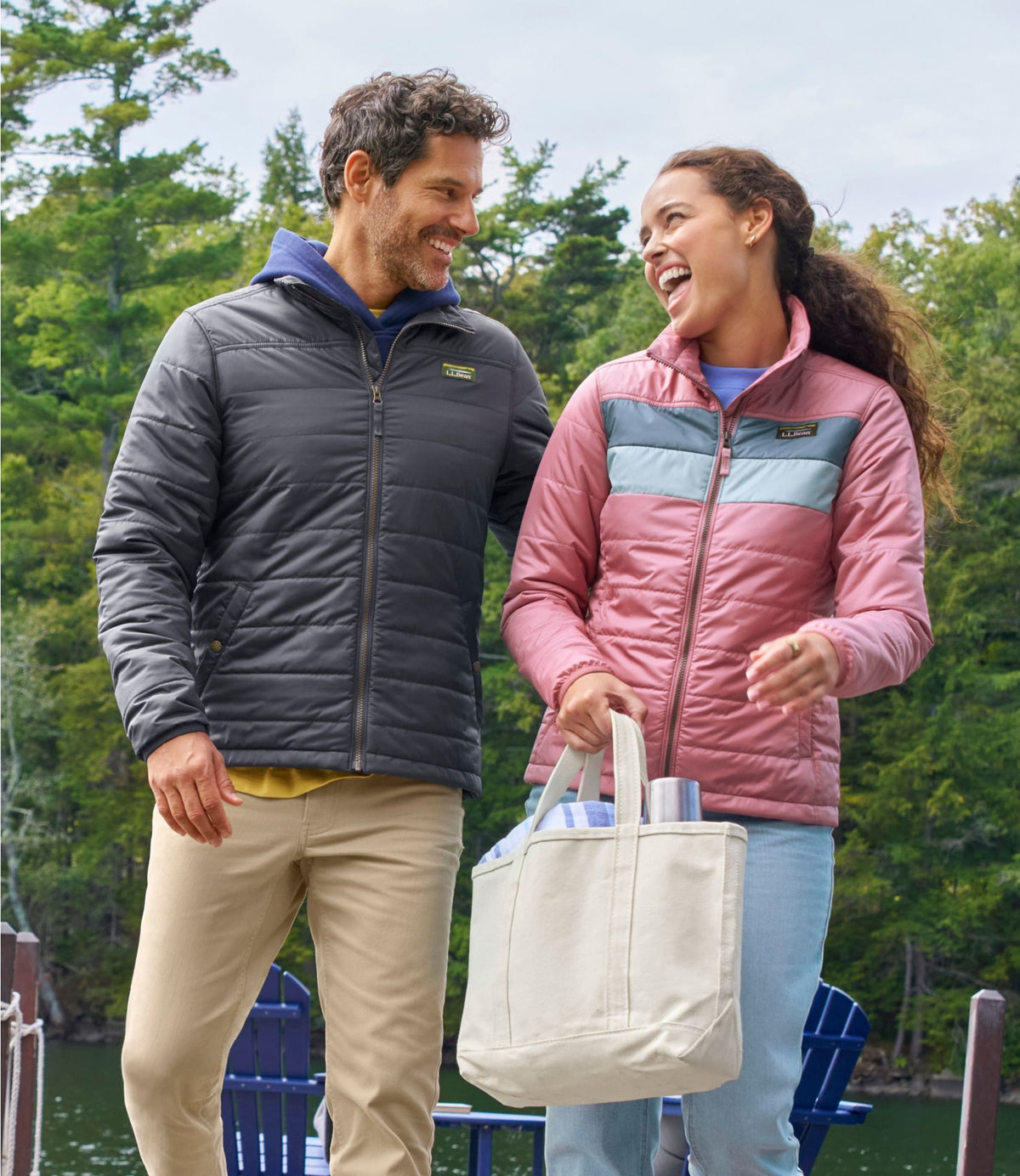 L.L.Bean Women's Mountain Classic Puffer Jacket, Colorblock Shore/Paperwhite