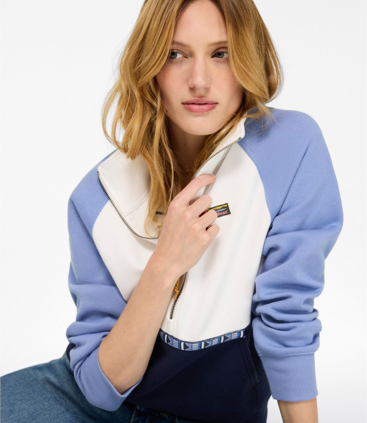 L.L.Bean Women's Mountain Classic Sweatshirt, Half-Zip Colorblock Classic Navy/Shade Teal/Wood Violet