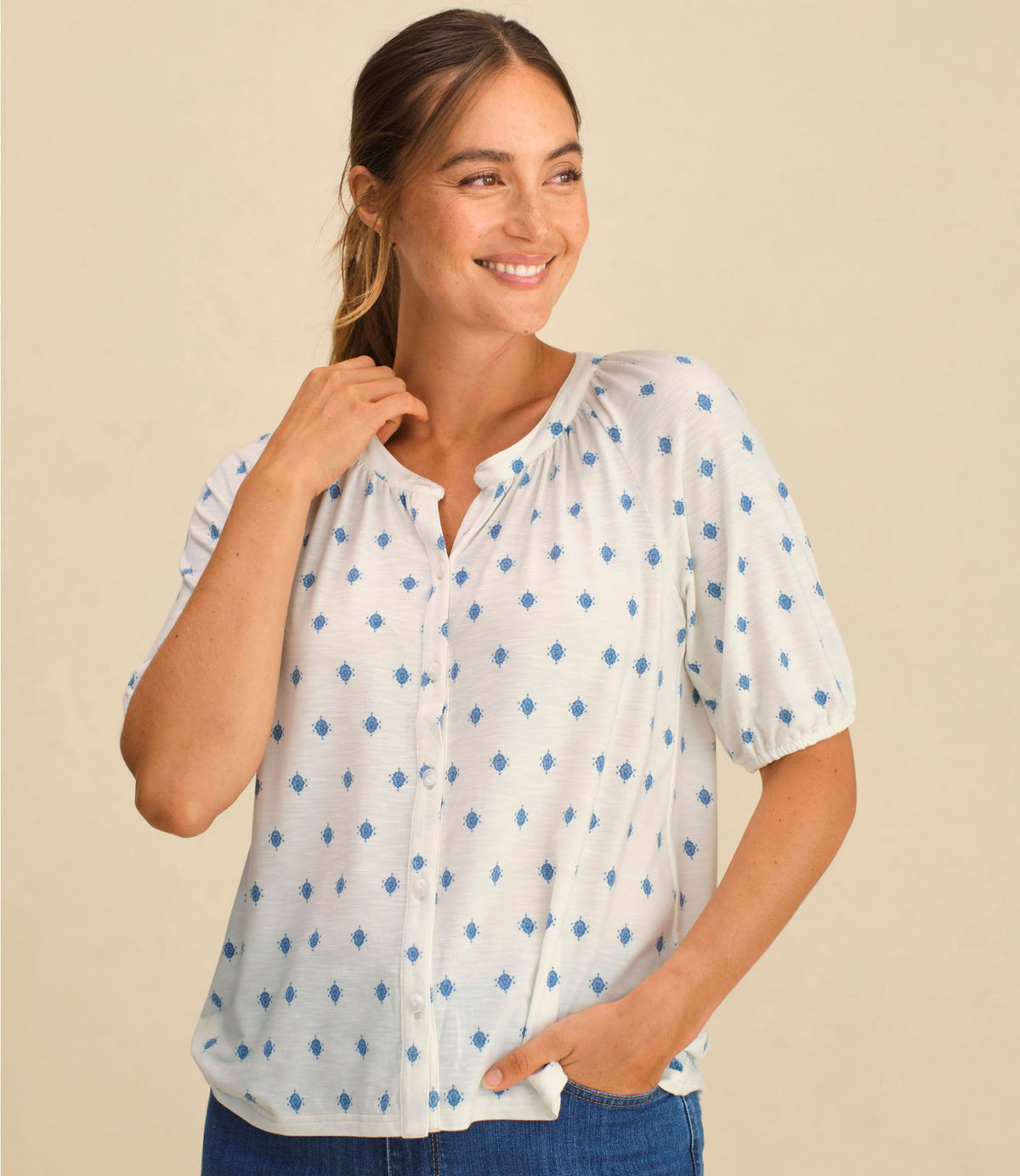 L.L.Bean Women's Camden Hills Tee, Elbow-Sleeve Button-Front Shirt Print Deep Blue Foulard