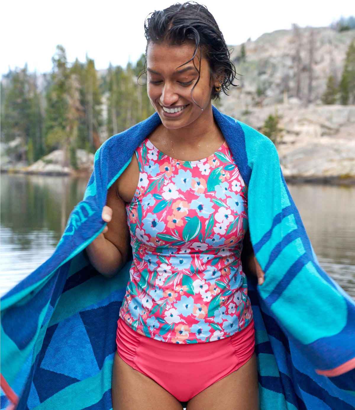 L.L.Bean Women's BeanSport Highneck Tankini Top, Print Classic Teal Batik