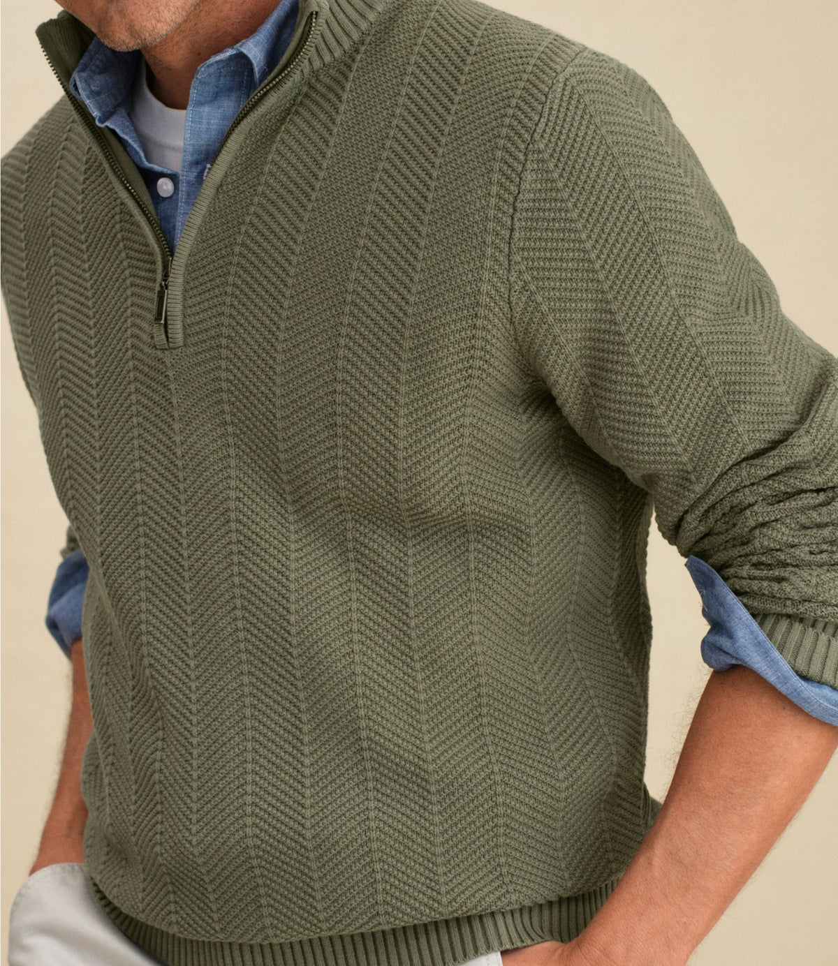 L.L.Bean Men's Sunwashed Textured Cotton Sweater, Herringbone 1/4 Zip Fig