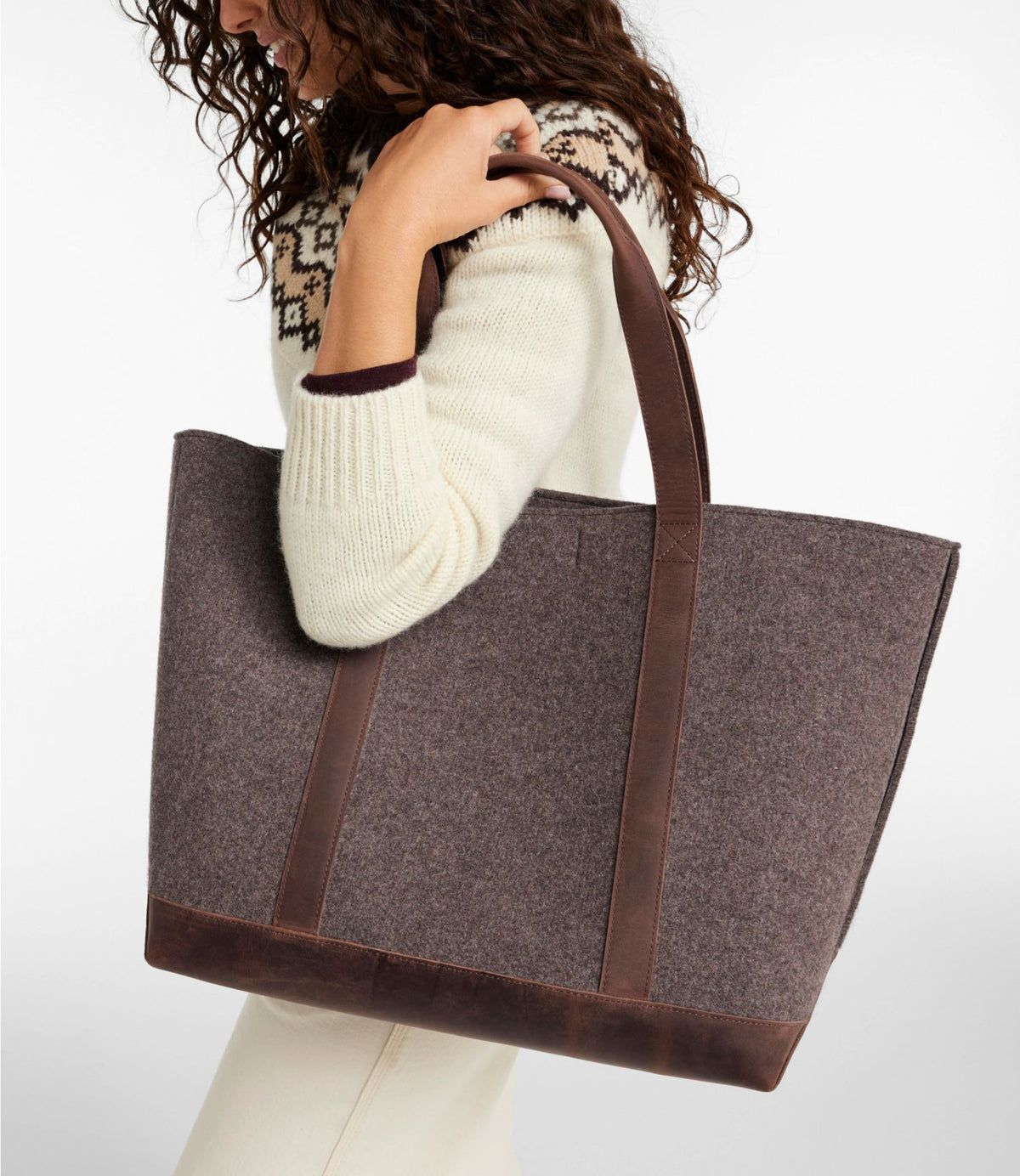 L.L.Bean Leather-Trim Wool Tote Cocoa/Brown Leather