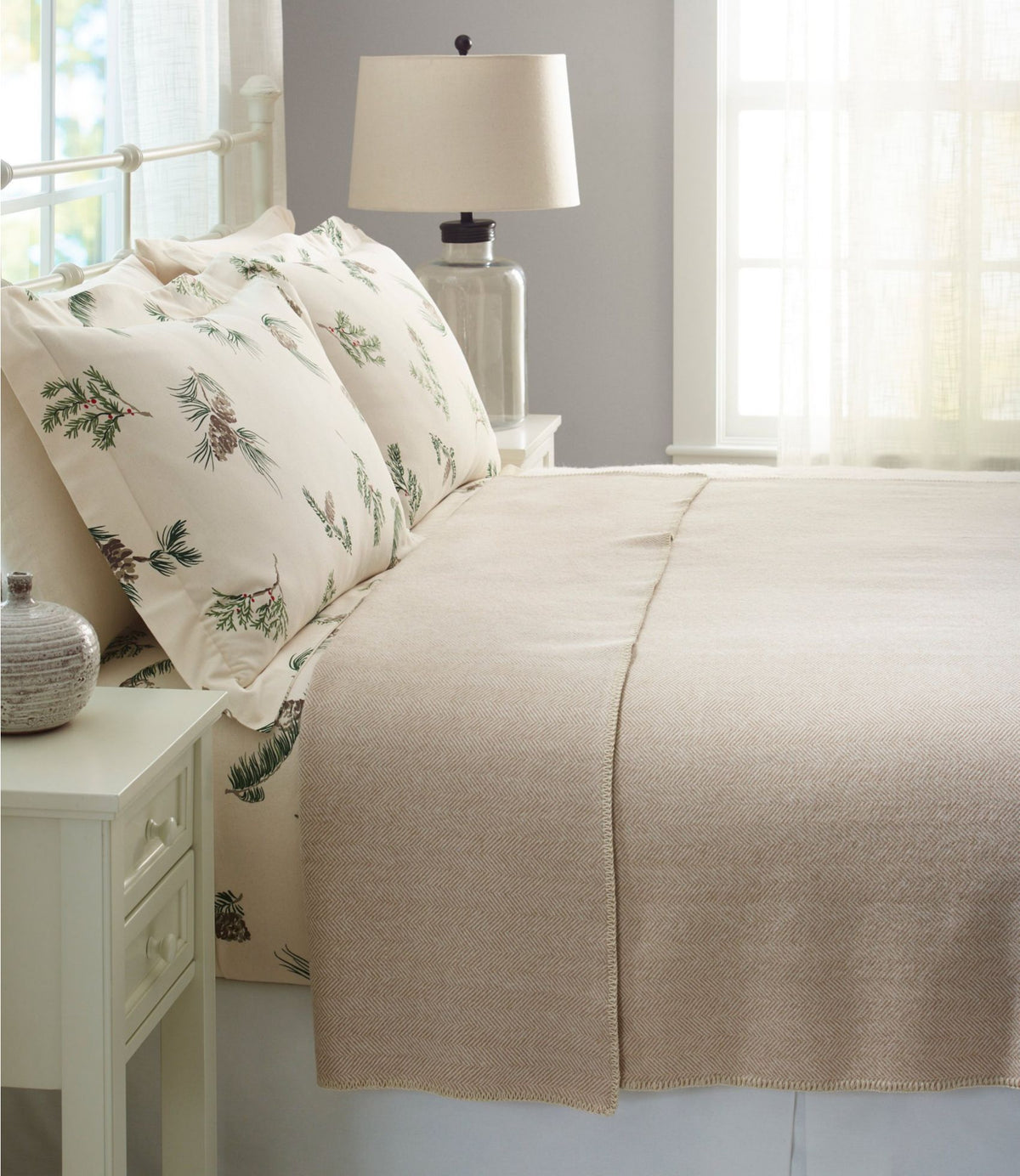 L.L.Bean Washable Wool Blanket, Herringbone Blue/Cream