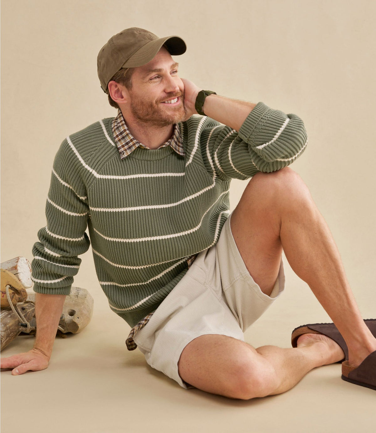 L.L.Bean Men's Mariner Rib Crew Sweater, Stripe Olive Gray/Natural
