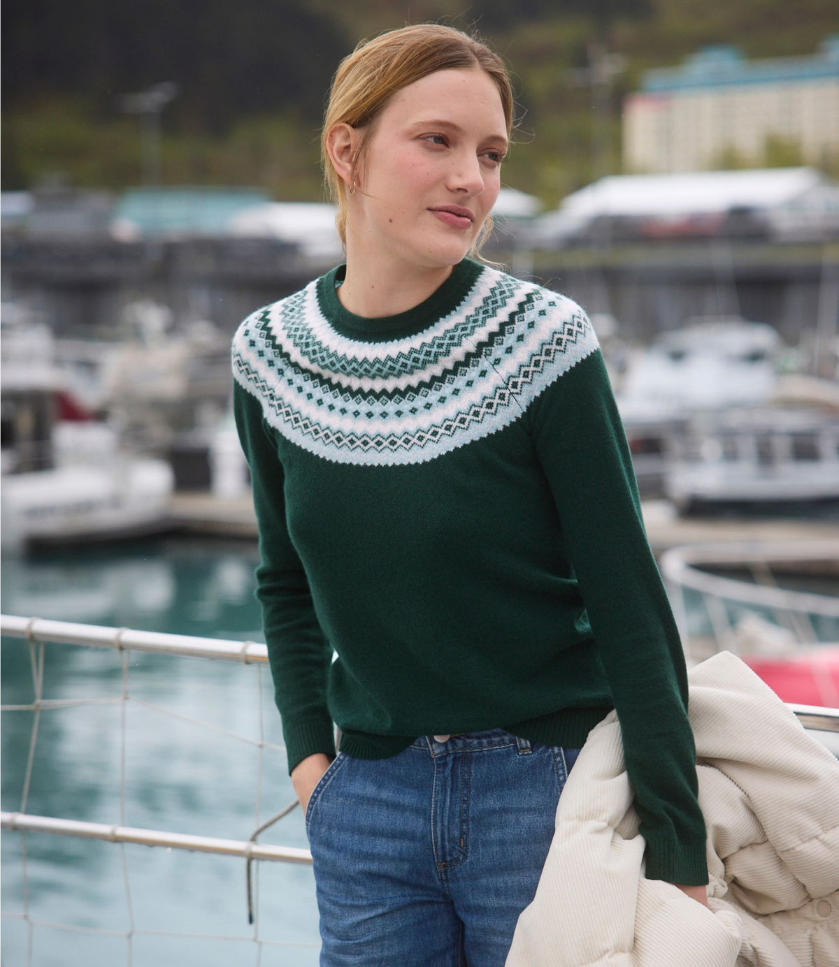 L.L.Bean Women's Classic Cashmere Sweater, Crewneck Fair Isle Camel Heather Fair Isle