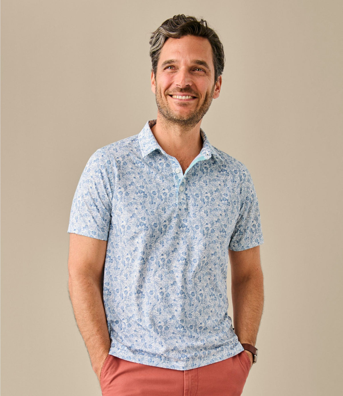 L.L.Bean Men's Comfort Stretch Performance® Party Polo, Slightly Fitted, Short-Sleeve, Print Sailcloth Tidepool