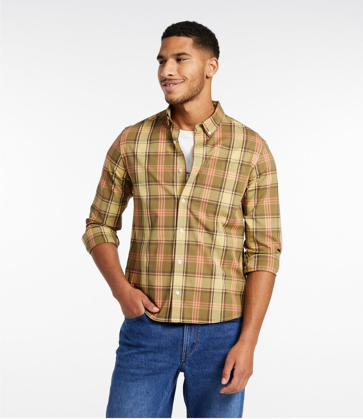 L.L.Bean Men's Signature Stretch Poplin Shirt, Long-Sleeve, Slim Fit Emerald Spruce