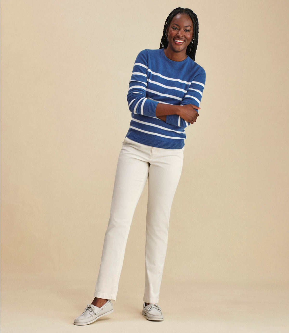 L.L.Bean Women's Classic Cashmere Sweater, Crewneck Stripe Deep Lake Multi Stripe