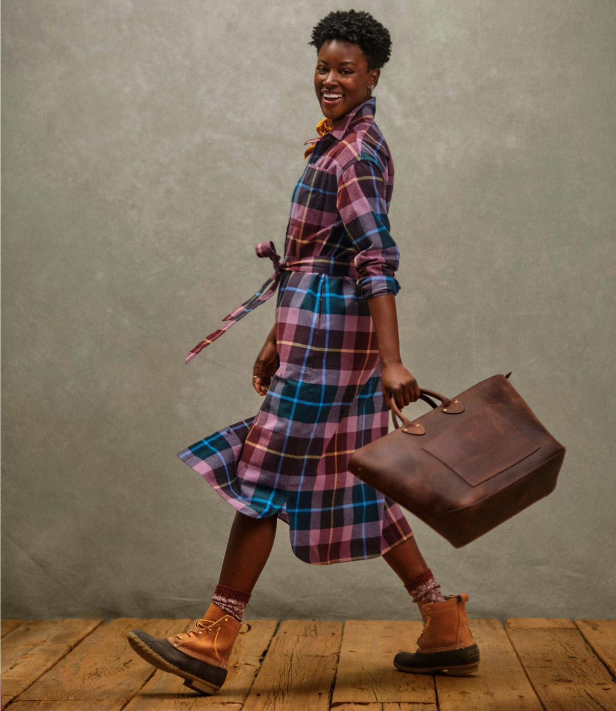 L.L.Bean Women's Signature Camp Flannel Midi Dress Vintage Plum Plaid