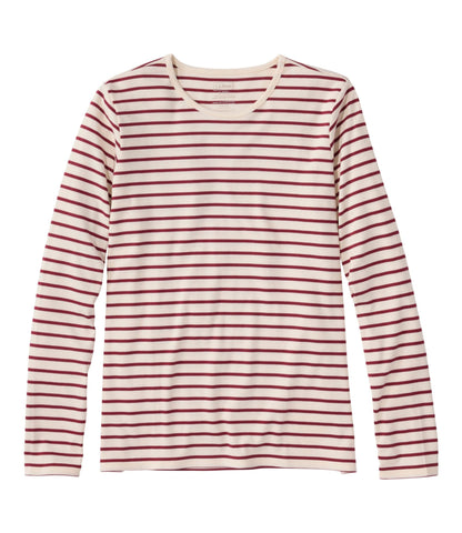 L.L.Bean Women's Pima Cotton Tee, Long-Sleeve Crewneck Stripe Cream/Bordeaux