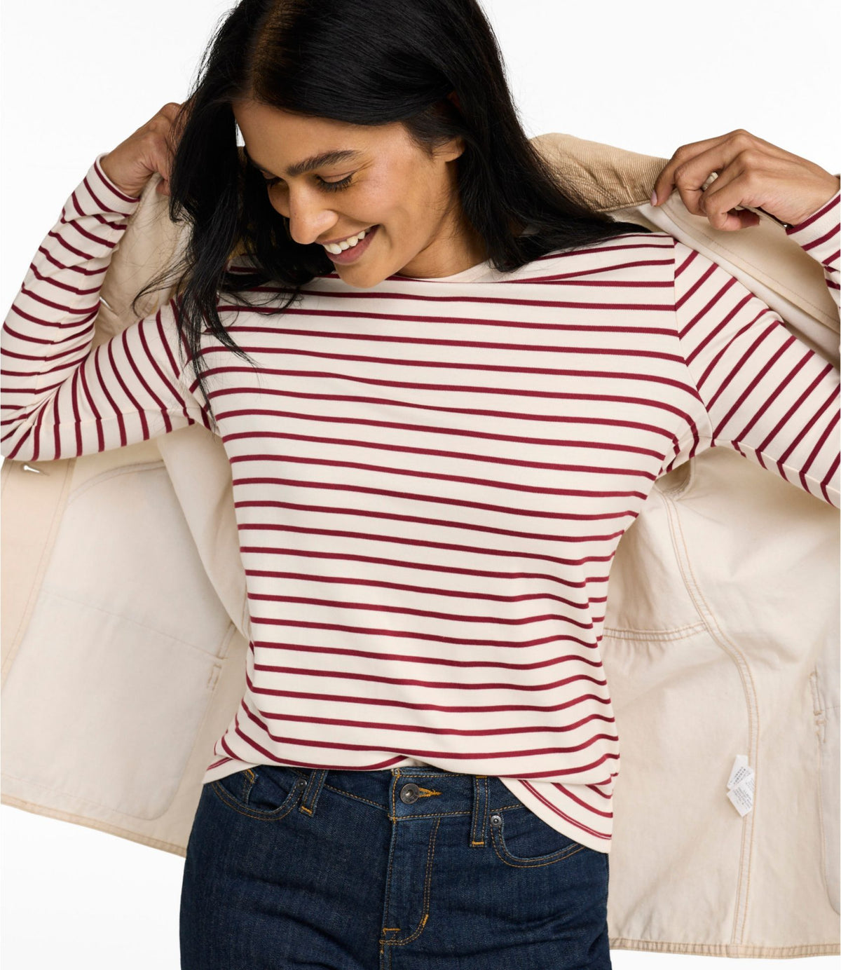 L.L.Bean Women's Pima Cotton Tee, Long-Sleeve Crewneck Stripe Cream/Bordeaux
