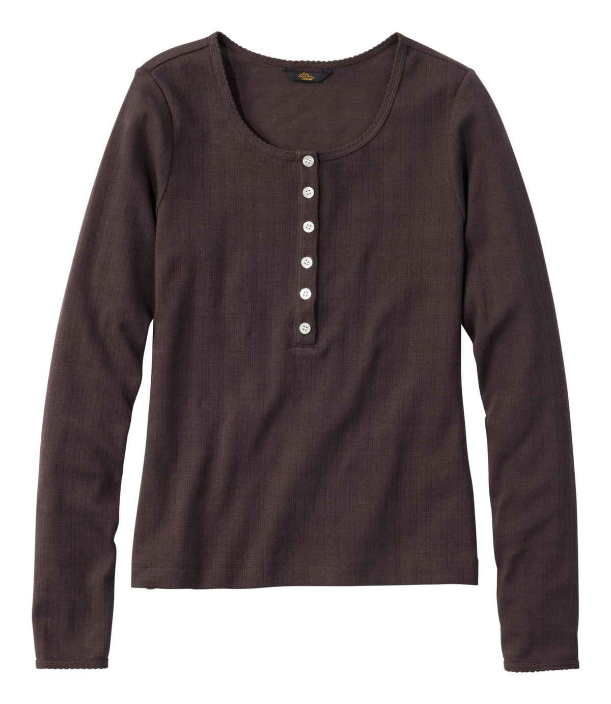 L.L.Bean Women's Signature Premium Essential Pointelle Tee, Long-Sleeve Henley Deepest Brown