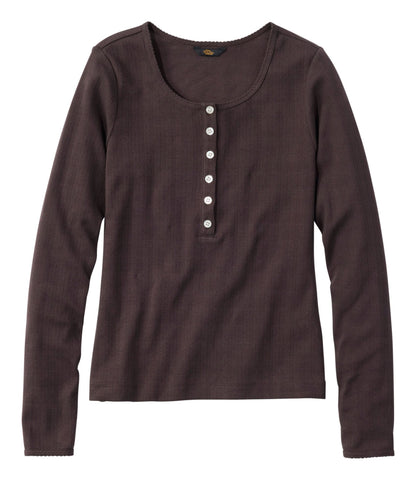 L.L.Bean Women's Signature Premium Essential Pointelle Tee, Long-Sleeve Henley Deepest Brown