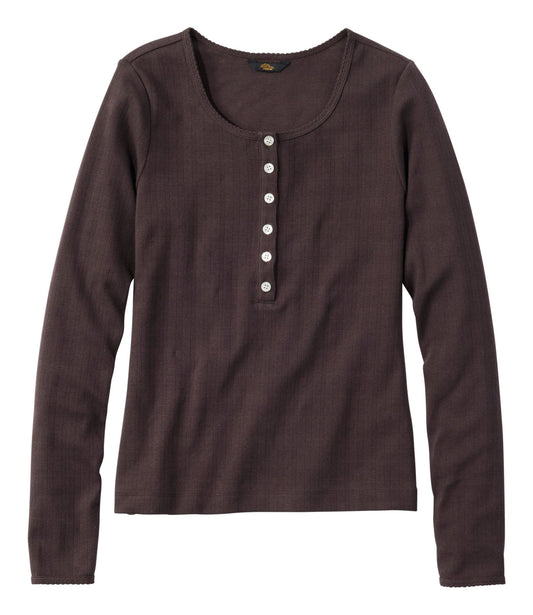 L.L.Bean Women's Signature Premium Essential Pointelle Tee, Long-Sleeve Henley Deepest Brown