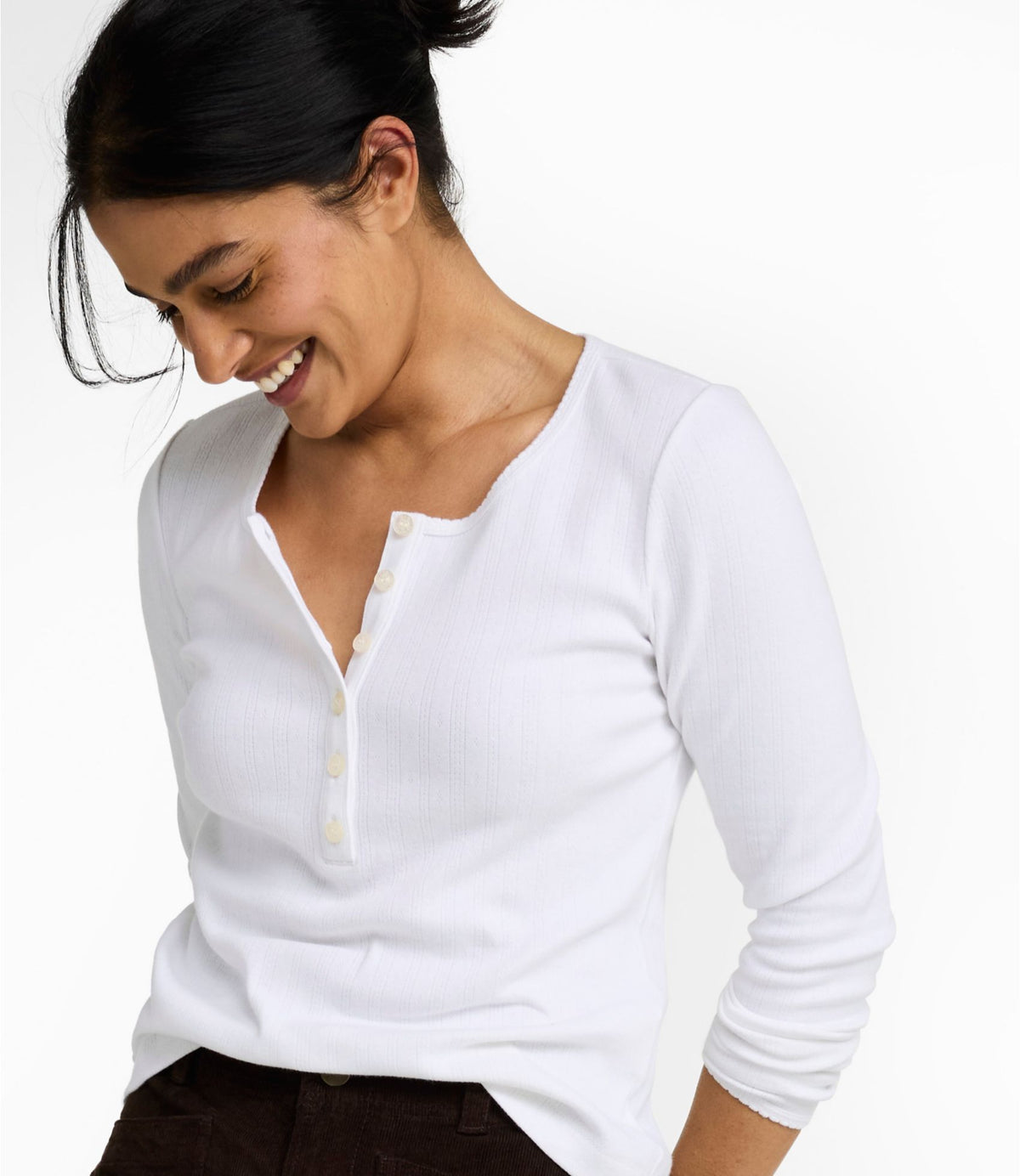 L.L.Bean Women's Signature Premium Essential Pointelle Tee, Long-Sleeve Henley Deepest Brown