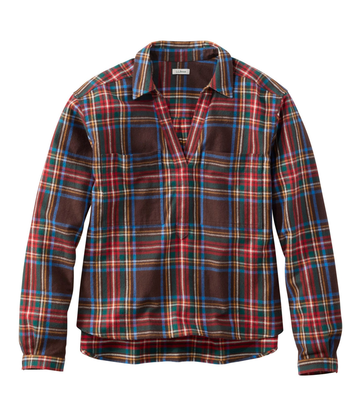 L.L.Bean Women's Scotch Plaid Shirt Y-Neck Deepest Brown Stewart