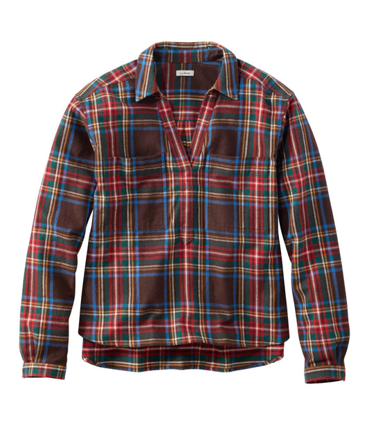 L.L.Bean Women's Scotch Plaid Shirt Y-Neck Deepest Brown Stewart