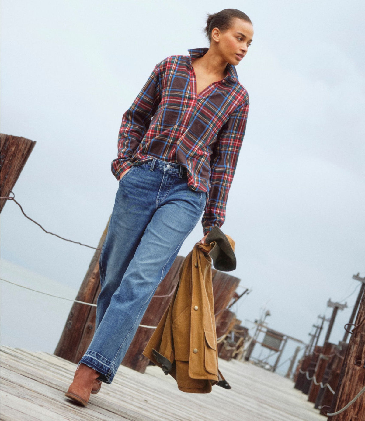 L.L.Bean Women's Scotch Plaid Shirt Y-Neck Deepest Brown Stewart