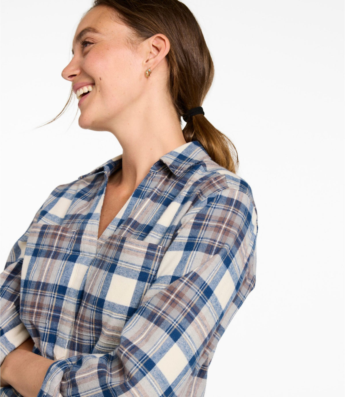 L.L.Bean Women's Scotch Plaid Shirt Y-Neck Deepest Brown Stewart