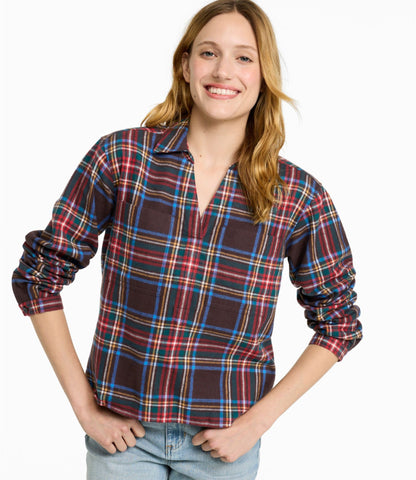L.L.Bean Women's Scotch Plaid Shirt Y-Neck Deepest Brown Stewart
