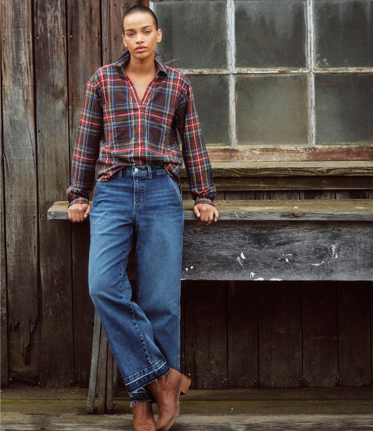 L.L.Bean Women's Scotch Plaid Shirt Y-Neck Deepest Brown Stewart