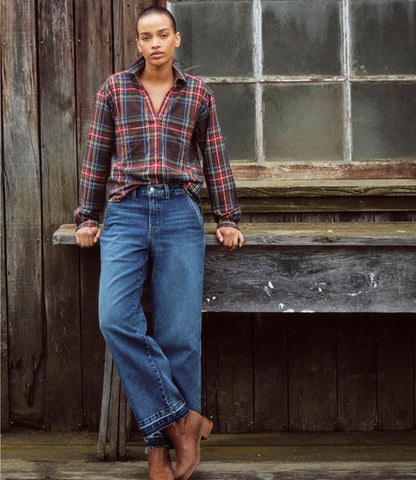 L.L.Bean Women's Scotch Plaid Shirt Y-Neck Deepest Brown Stewart