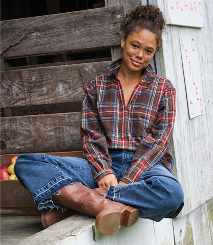 L.L.Bean Women's Scotch Plaid Shirt Y-Neck Deepest Brown Stewart