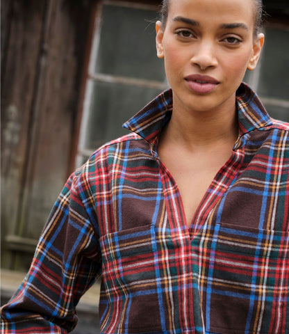 L.L.Bean Women's Scotch Plaid Shirt Y-Neck Deepest Brown Stewart
