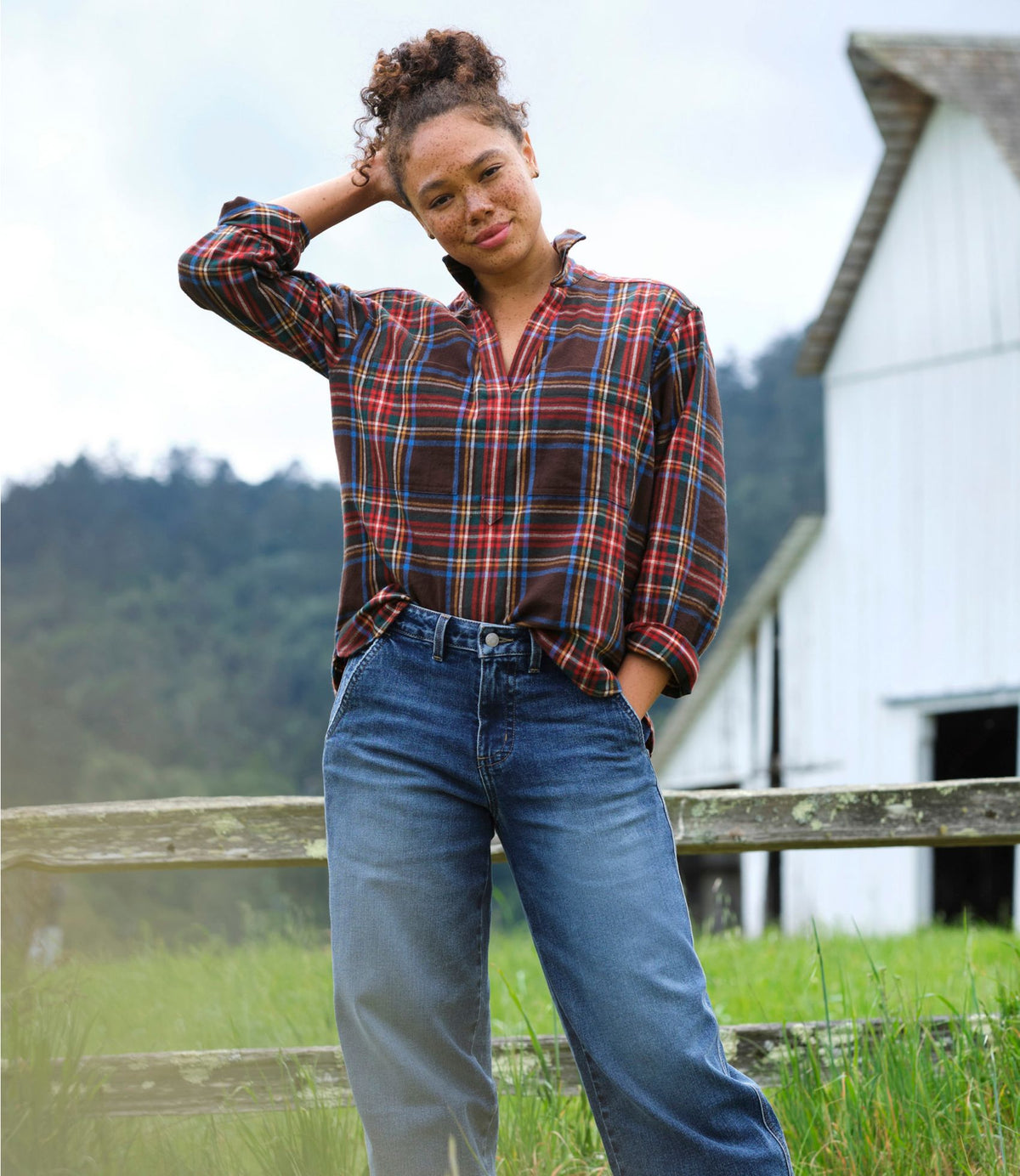 L.L.Bean Women's Scotch Plaid Shirt Y-Neck Deepest Brown Stewart