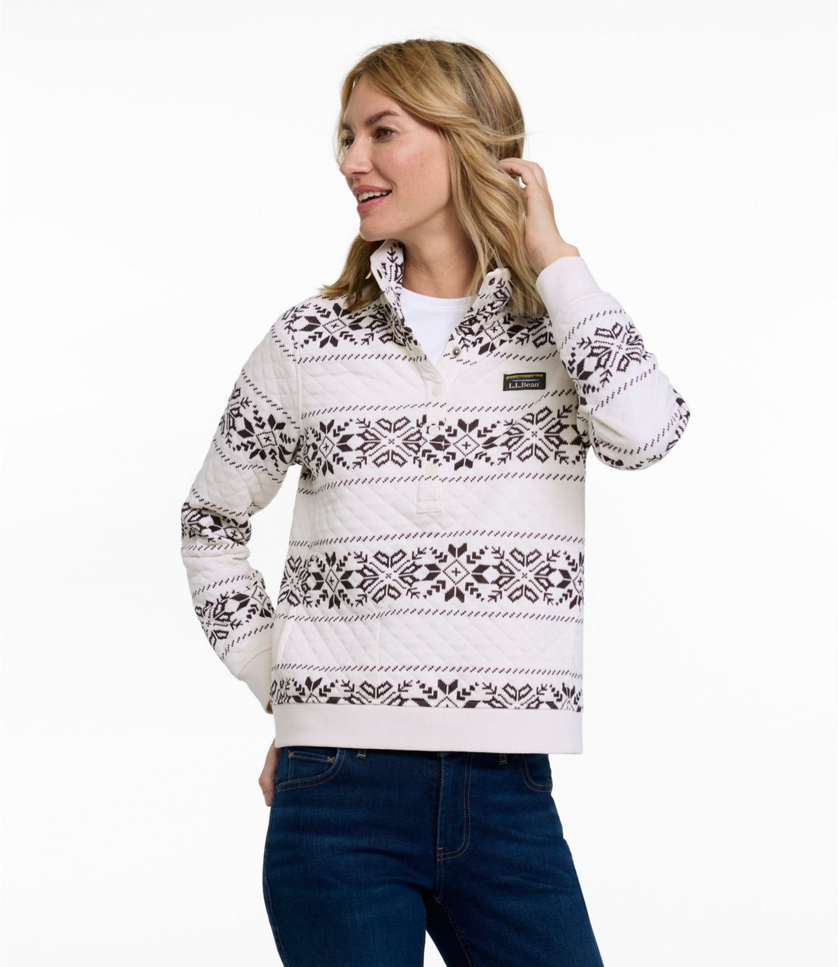 L.L.Bean Women's Quilted Half-Snap Sweatshirt, Print Cream/Deepest Brown Snowflake Fair Isle