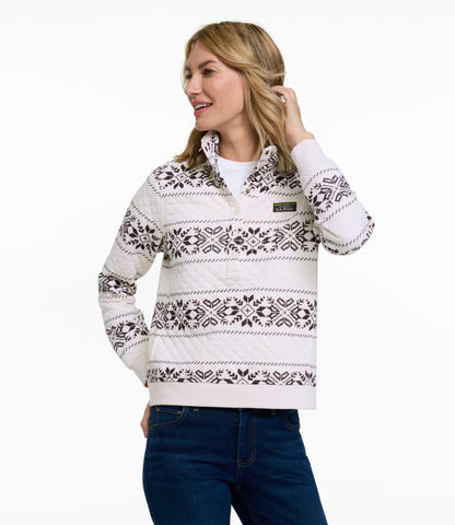 L.L.Bean Women's Quilted Half-Snap Sweatshirt, Print Cream/Deepest Brown Snowflake Fair Isle