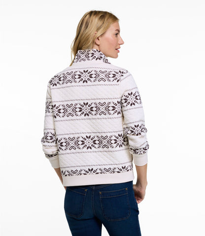 L.L.Bean Women's Quilted Half-Snap Sweatshirt, Print Cream/Deepest Brown Snowflake Fair Isle
