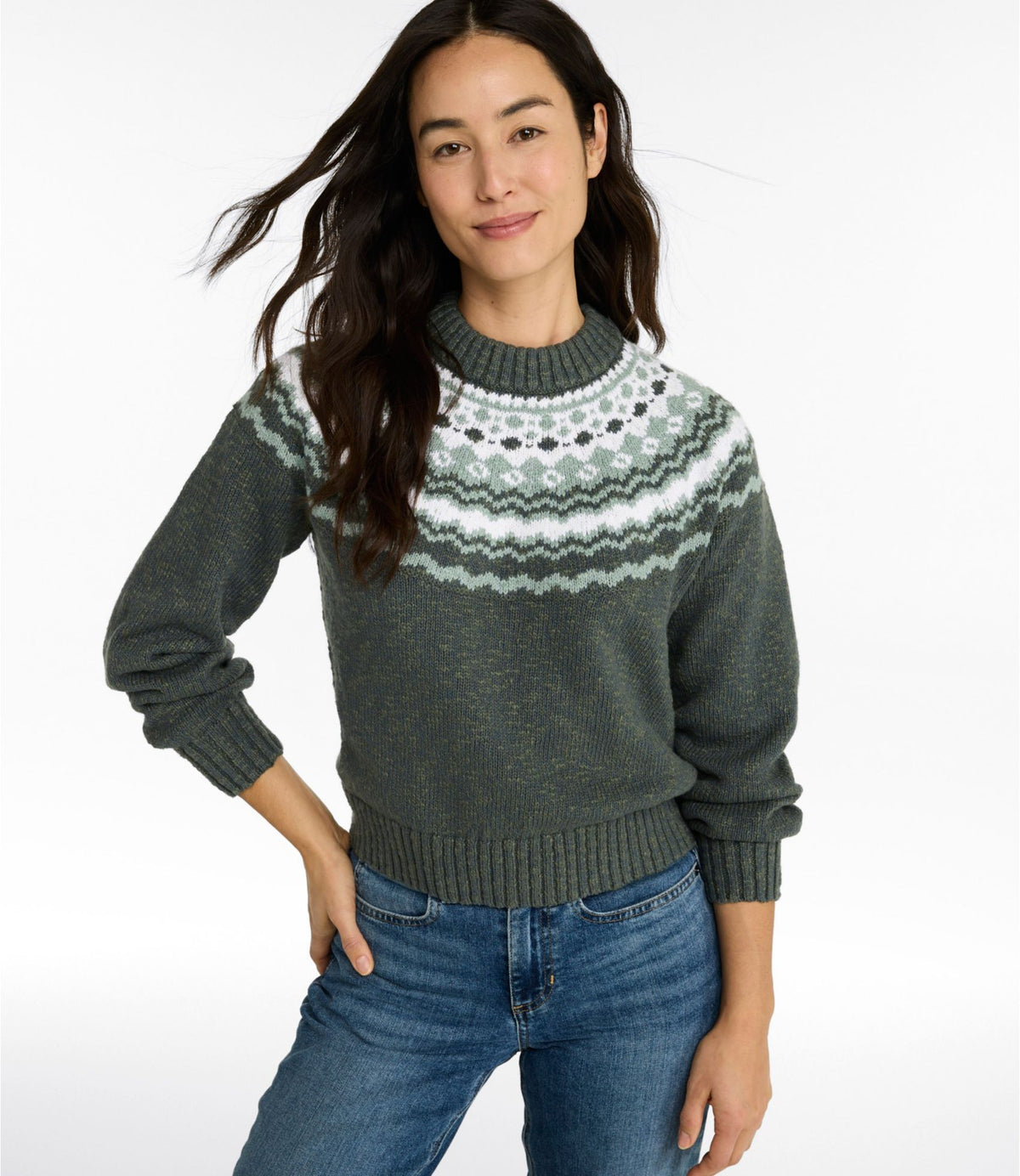 L.L.Bean Women's Cotton Ragg Sweater, Relaxed Crewneck Fair Isle Yoke Khaki Fair Isle