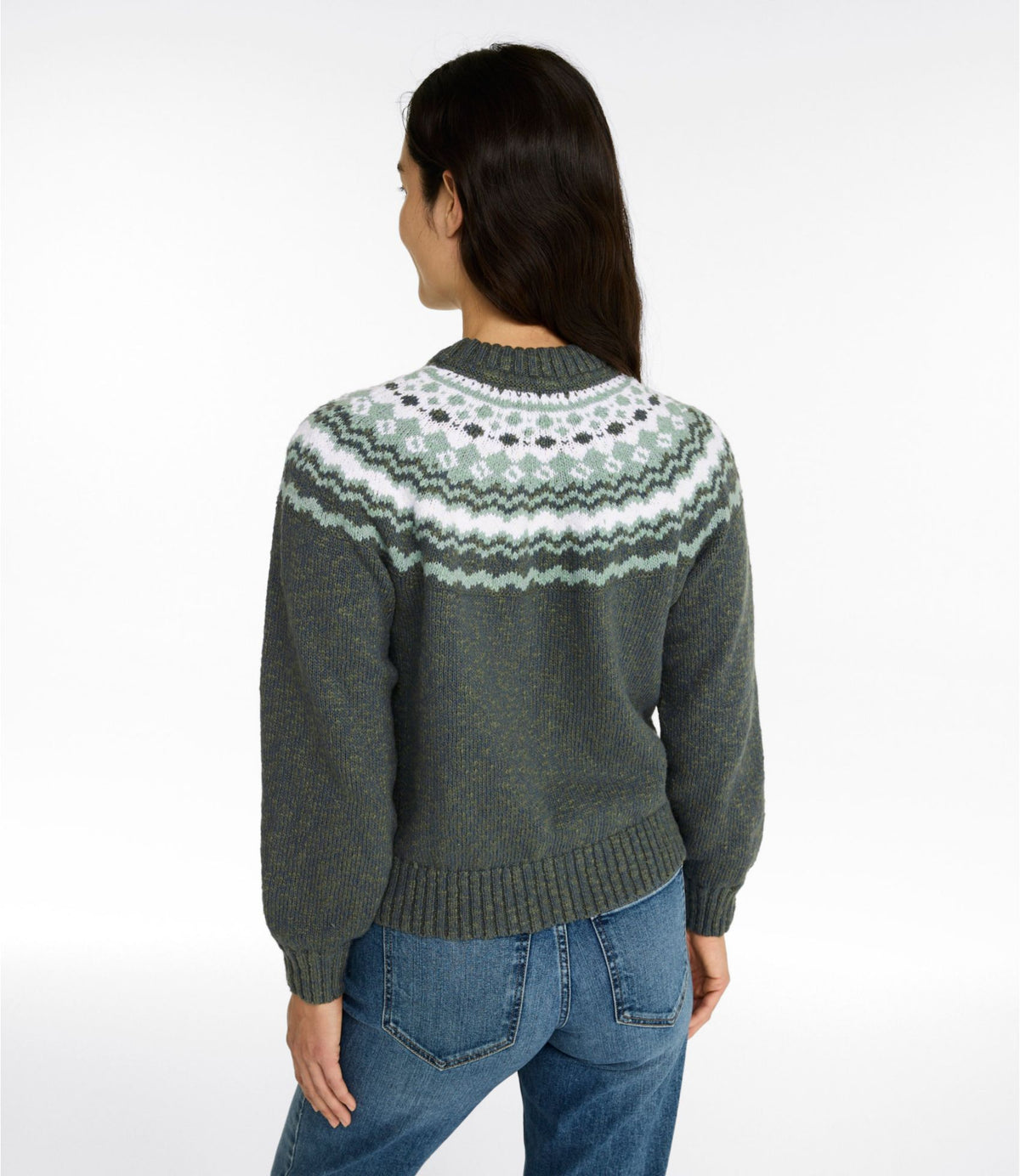 L.L.Bean Women's Cotton Ragg Sweater, Relaxed Crewneck Fair Isle Yoke Khaki Fair Isle