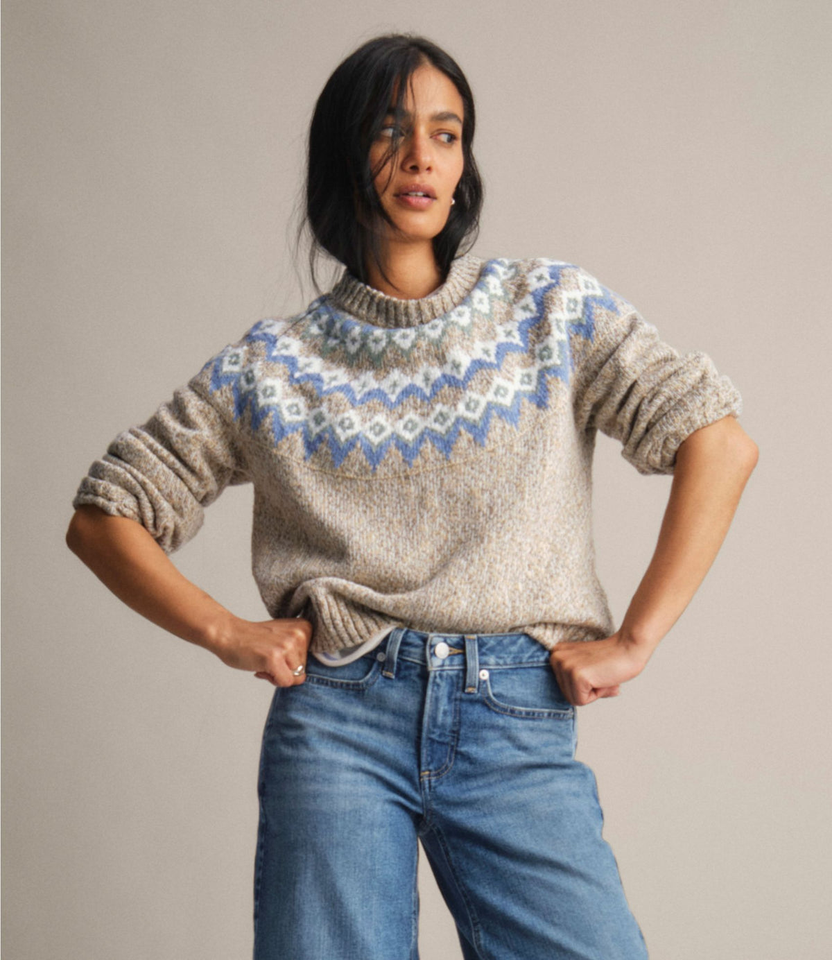 L.L.Bean Women's Cotton Ragg Sweater, Relaxed Crewneck Fair Isle Yoke Khaki Fair Isle