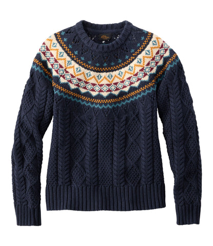 L.L.Bean Women's Signature Cotton Fisherman Sweater, Crewneck Fair Isle Classic Navy Fair Isle