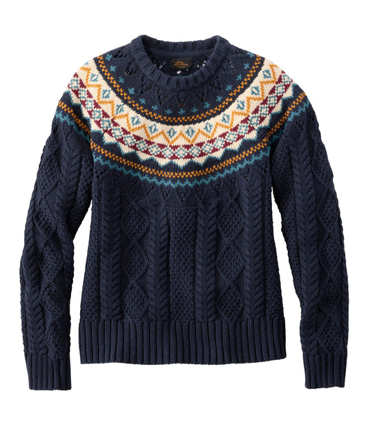 L.L.Bean Women's Signature Cotton Fisherman Sweater, Crewneck Fair Isle Classic Navy Fair Isle