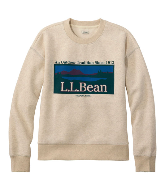 L.L.Bean Women's Mountain Classic Sweatshirt, Crewneck Logo Oatmeal Heather Retro Outdoor Tradition