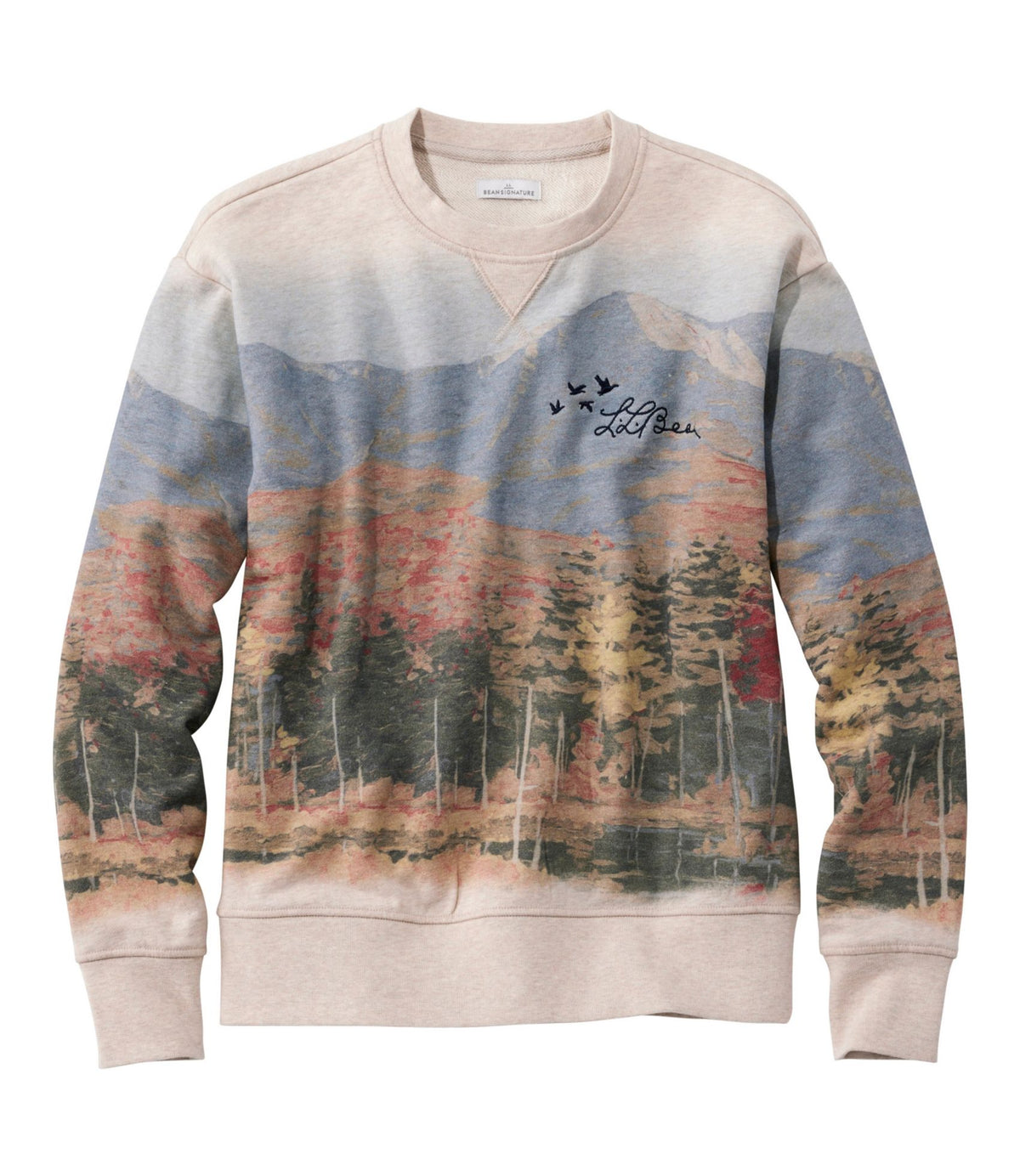 L.L.Bean Women's Signature Camp Sweatshirt, Crewneck Print Oatmeal Heather Mountain Scenic