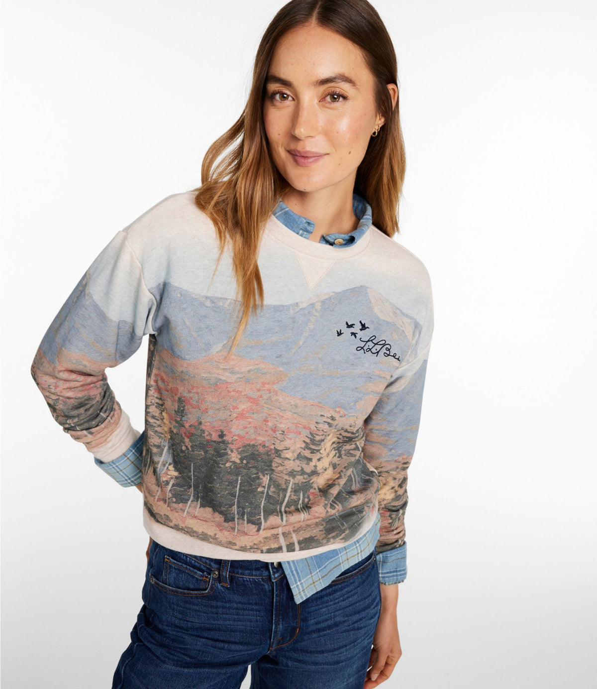 L.L.Bean Women's Signature Camp Sweatshirt, Crewneck Print Oatmeal Heather Mountain Scenic