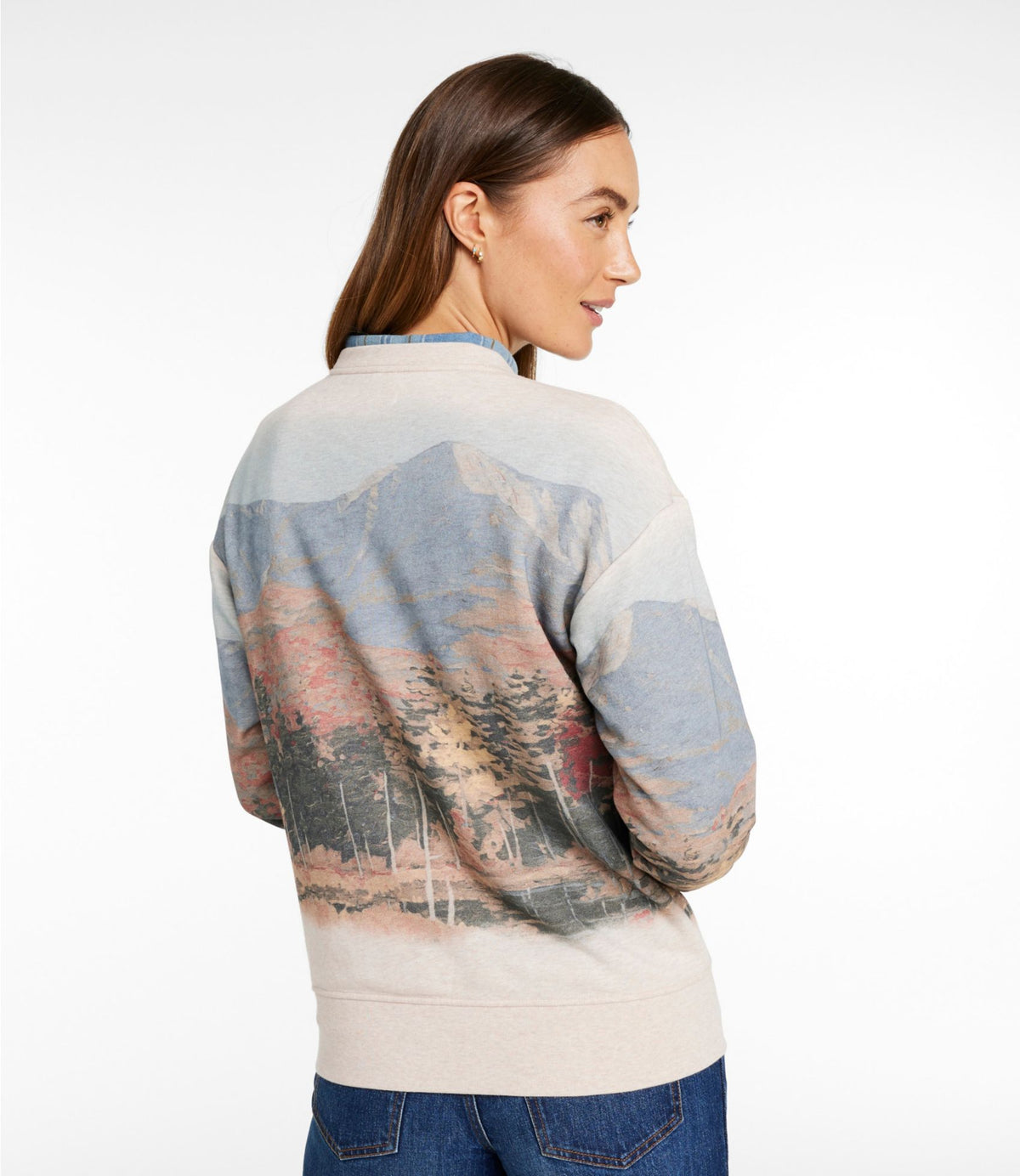 L.L.Bean Women's Signature Camp Sweatshirt, Crewneck Print Oatmeal Heather Mountain Scenic