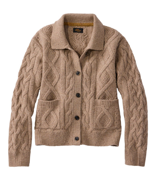 L.L.Bean Women's Signature Wool-Blend Fisherman Sweater, Cardigan Barley