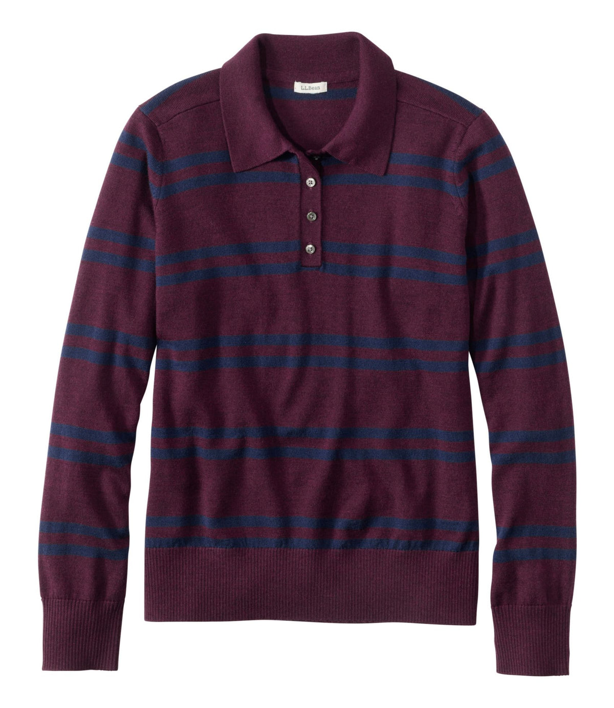 L.L.Bean Women's Essential Merino Wool Sweater, Polo Stripe Fig Heather/Classic Navy