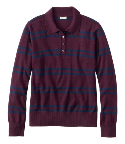 L.L.Bean Women's Essential Merino Wool Sweater, Polo Stripe Fig Heather/Classic Navy