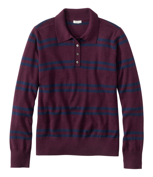 L.L.Bean Women's Essential Merino Wool Sweater, Polo Stripe Fig Heather/Classic Navy